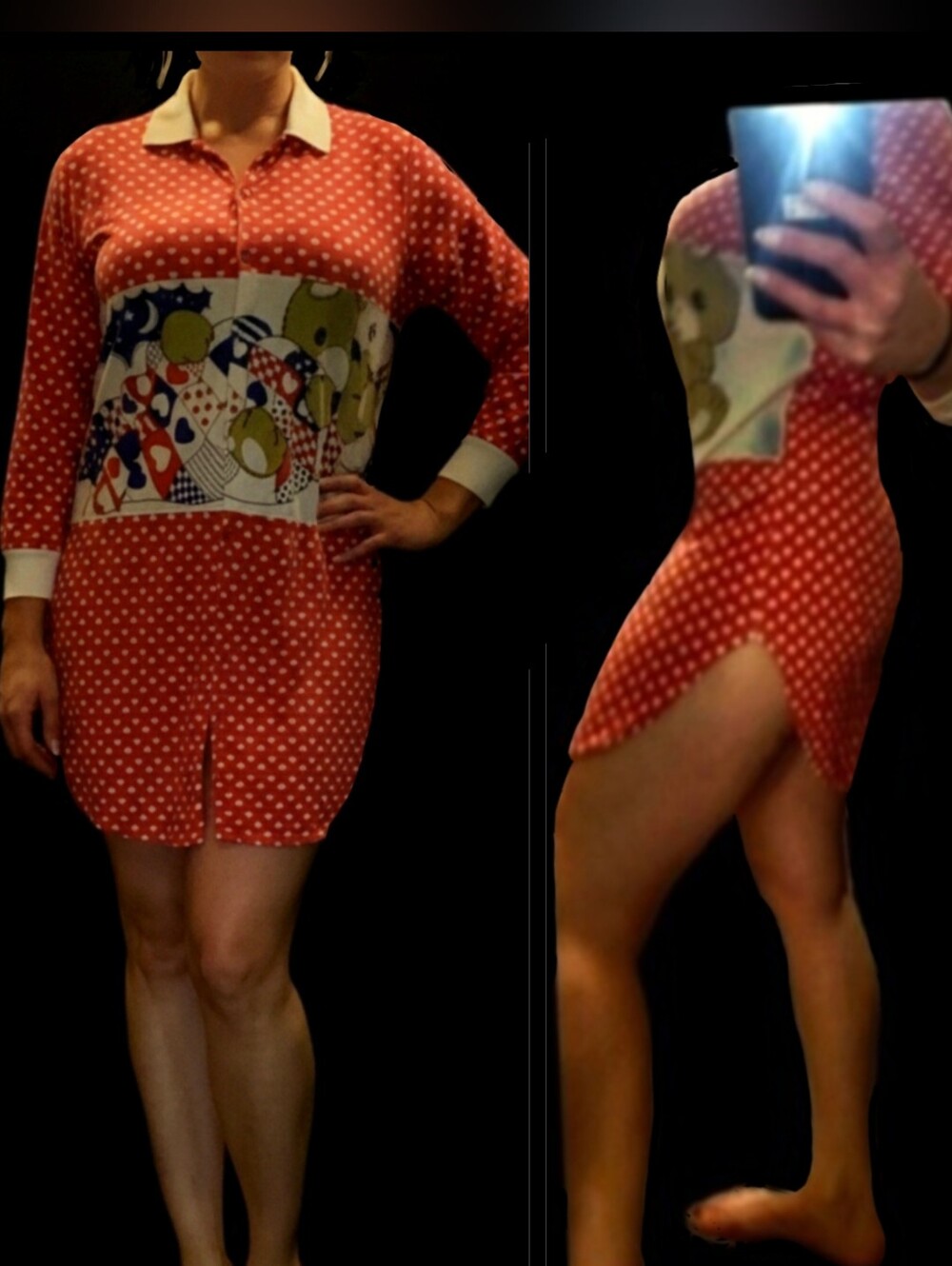 Vtg 80s jodie red white hearts teddy graphics high thigh cut sleep shirt L-1X
